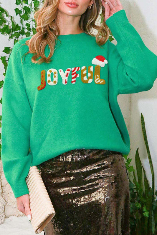 Bright Green Sequined JOYFUL Graphic Christmas Sweater Sweaters & Cardigans JT's Designer Fashion
