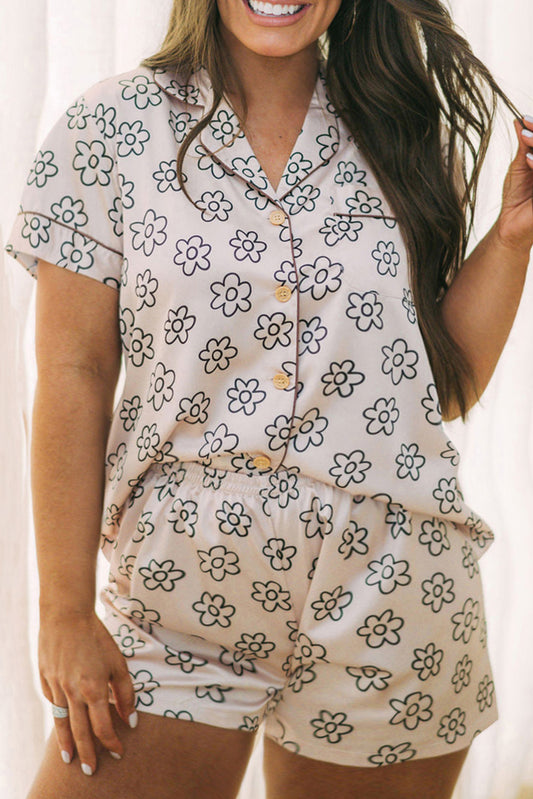White Plus Size Daisy Print Short Sleeve Collared Pajamas Set Pre Order Plus Size JT's Designer Fashion