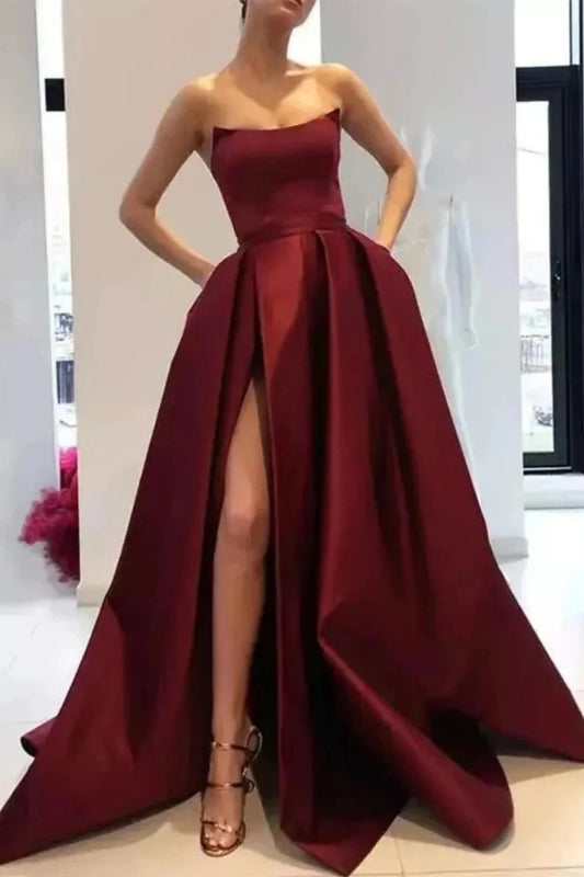 Satin Strapless Side Pockets Slit Prom Party Evening Gown claret Evening Dresses JT's Designer Fashion