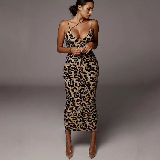 Leopard Print Sleeveless V-Neck Sexy Midi Dress Midi Dresses JT's Designer Fashion