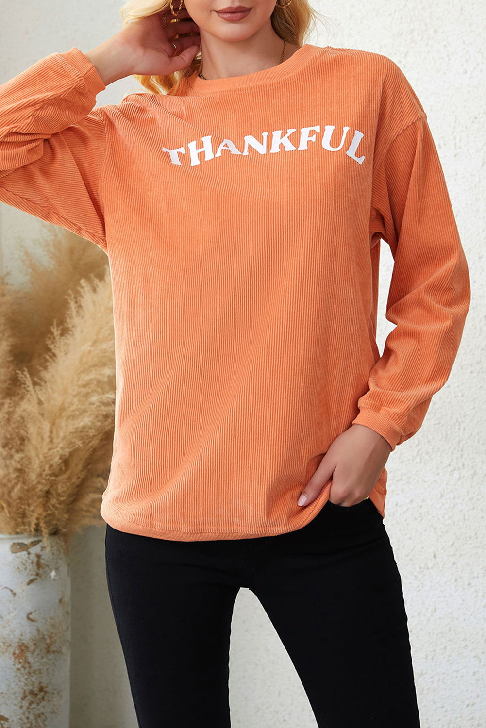 Orange Thankful Ribbed Corded Oversized Sweatshirt Sweatshirts & Hoodies JT's Designer Fashion