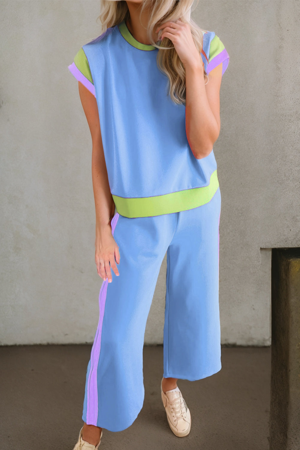 Sky Blue Color Block Detail Casual Two-piece Outfit Jumpsuits & Rompers JT's Designer Fashion