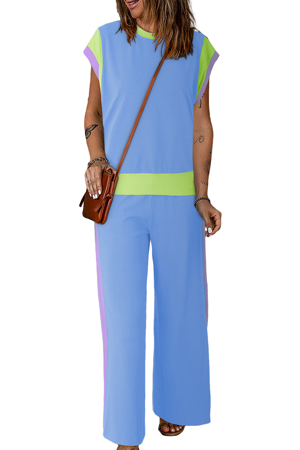 Sky Blue Color Block Detail Casual Two-piece Outfit Jumpsuits & Rompers JT's Designer Fashion