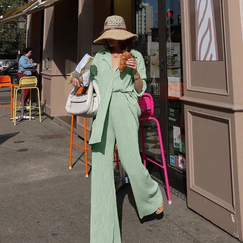 Pleated Solid Color Long Sleeve Wide Leg Pants Suits Light Green Pants Sets JT's Designer Fashion