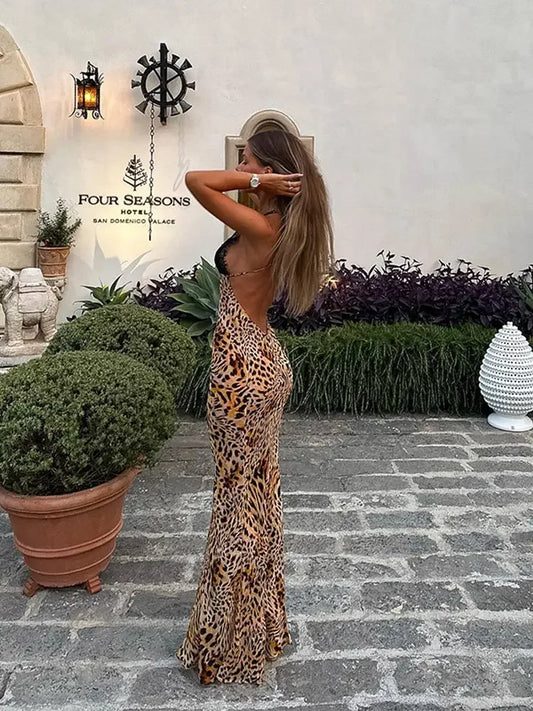 Elegant Leopard Print Halter Maxi Dresses Evening Dresses JT's Designer Fashion