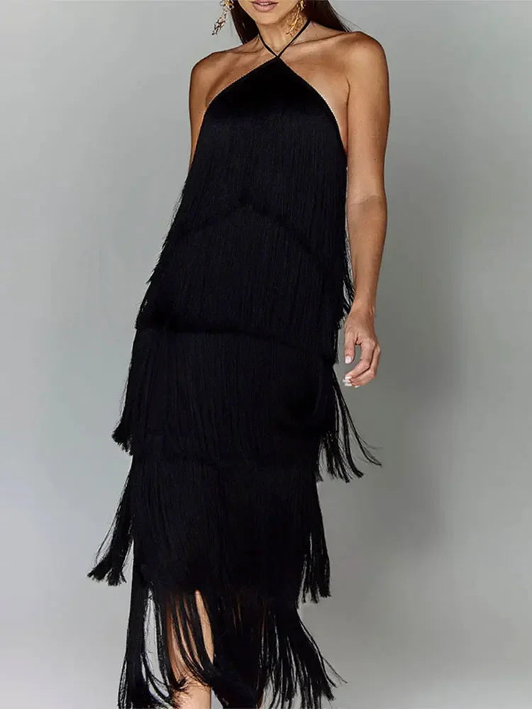 Sexy Metallic Color Tassel Halter Party Long Dress Black Evening Dresses JT's Designer Fashion