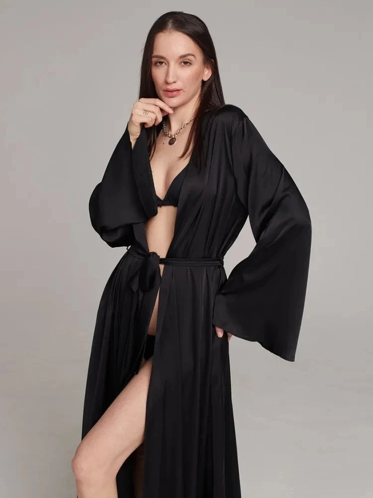 Women's Peignoir Flare Long Sleeve Satin Robe Robe JT's Designer Fashion