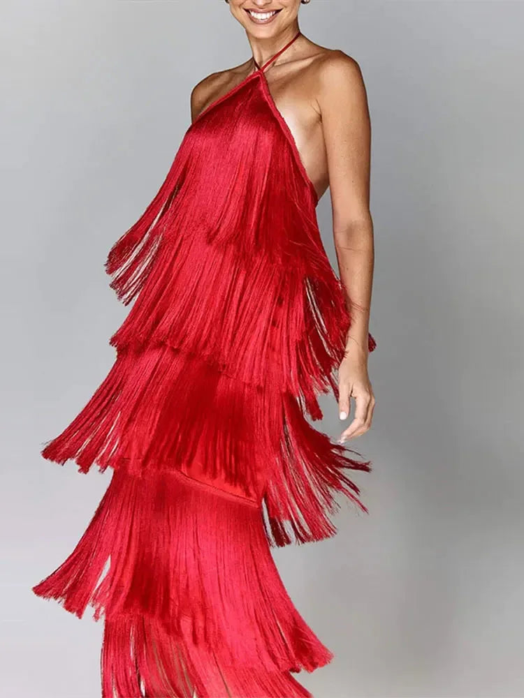 Sexy Metallic Color Tassel Halter Party Long Dress Red Evening Dresses JT's Designer Fashion