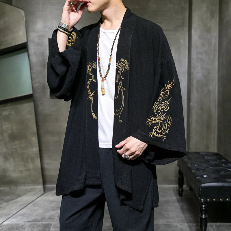 Mens Black and Gold Japanese Style Oversized Kimono Cardigan Kimonos JT's Designer Fashion