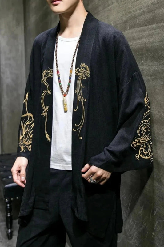 Mens Black and Gold Japanese Style Oversized Kimono Cardigan Black Kimonos JT's Designer Fashion