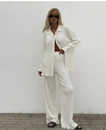 Pleated Solid Color Long Sleeve Wide Leg Pants Suits WHITE Pants Sets JT's Designer Fashion