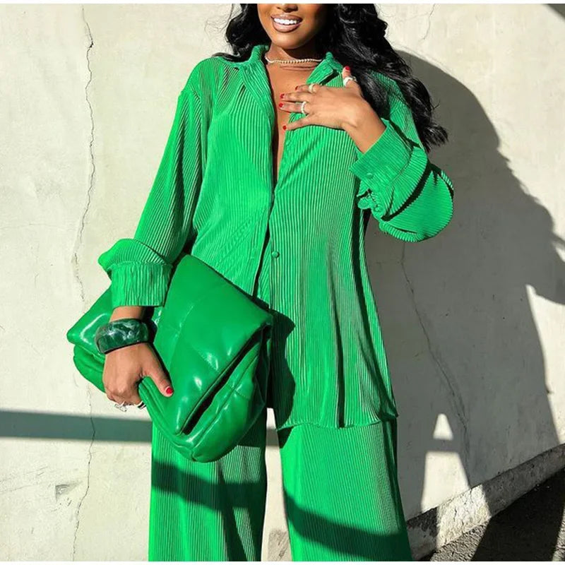 Pleated Solid Color Long Sleeve Wide Leg Pants Suits green Pants Sets JT's Designer Fashion
