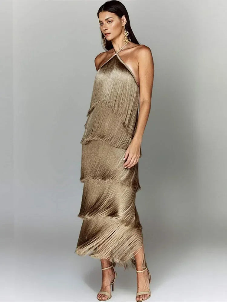 Sexy Metallic Color Tassel Halter Party Long Dress Camel Evening Dresses JT's Designer Fashion