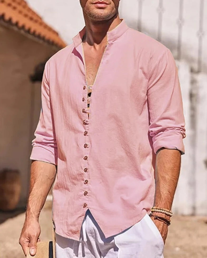 Men's Cotton Linen Long Sleeve Shirts pink Long Sleeve Shirts JT's Designer Fashion