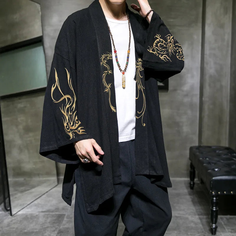 Mens Black and Gold Japanese Style Oversized Kimono Cardigan Kimonos JT's Designer Fashion