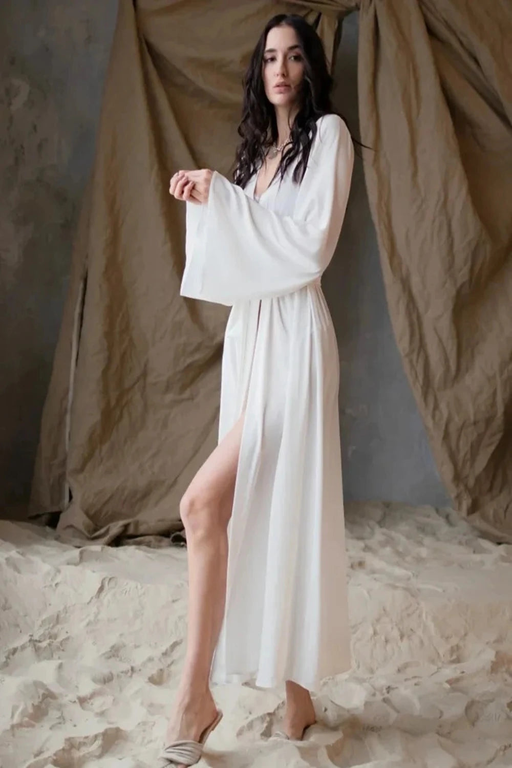 Women's Peignoir Flare Long Sleeve Satin Robe White Robe JT's Designer Fashion