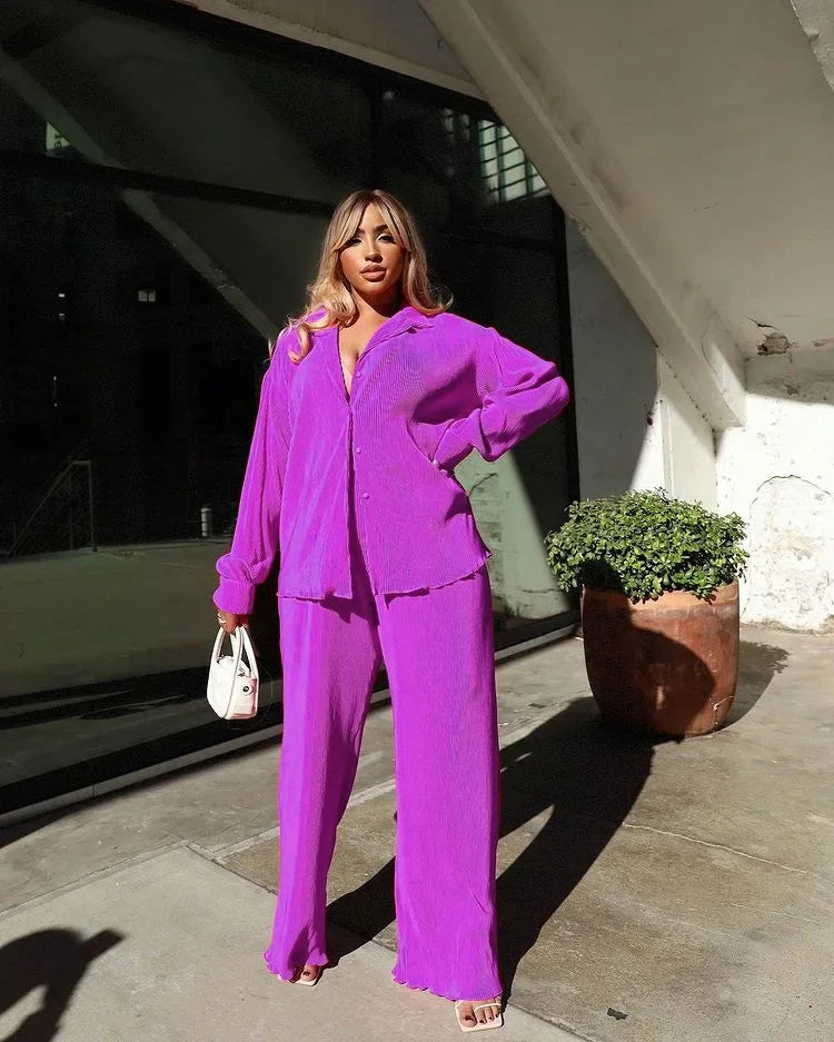 Pleated Solid Color Long Sleeve Wide Leg Pants Suits light purple Pants Sets JT's Designer Fashion