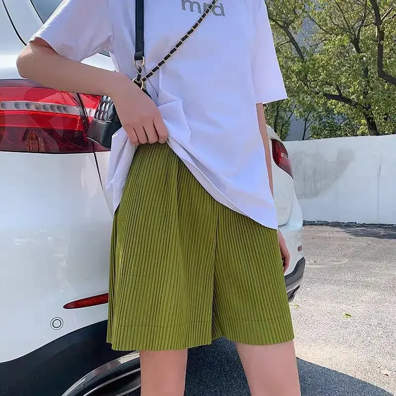 Pleated Solid Color Long Sleeve Wide Leg Pants Suits green short Pants Sets JT's Designer Fashion