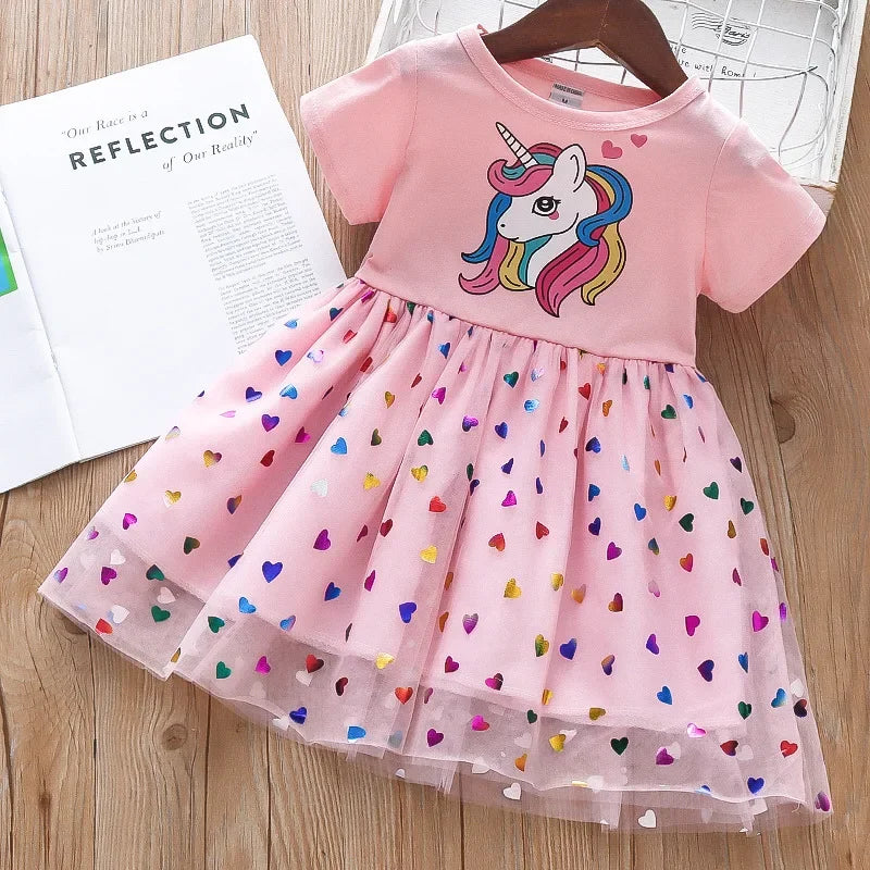 Girls Unicorn Princess Dress with Heart Sequins Pink Kids clothes JT's Designer Fashion