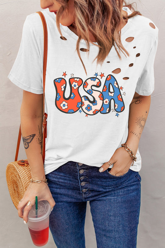 White Flower USA Graphic Distressed Tee Graphic Tees JT's Designer Fashion