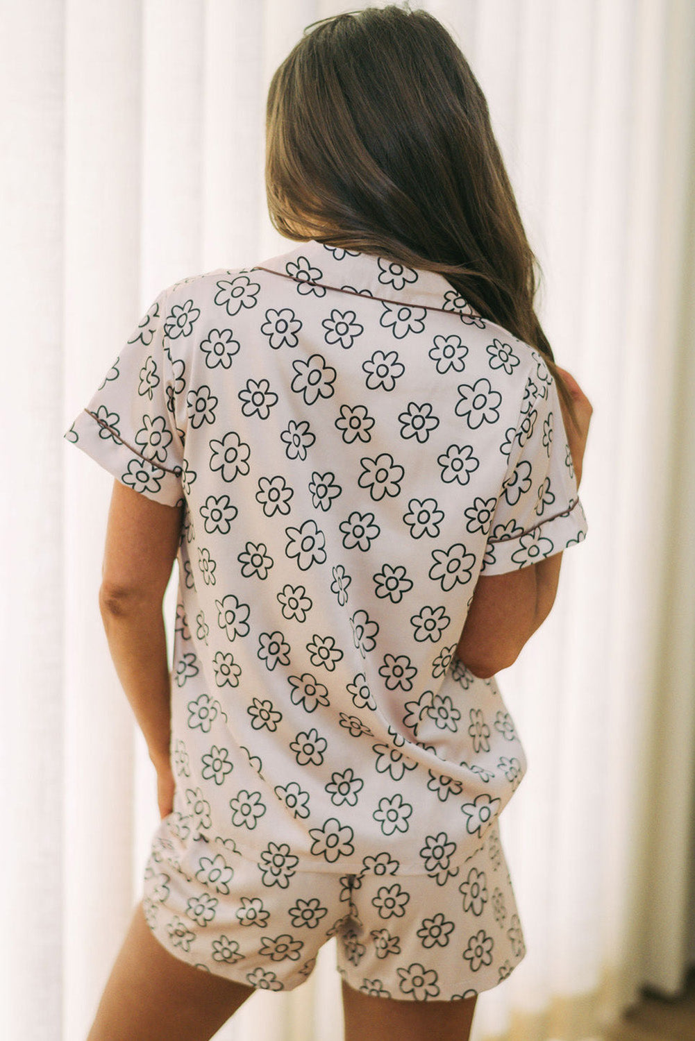 White Plus Size Daisy Print Short Sleeve Collared Pajamas Set Pre Order Plus Size JT's Designer Fashion