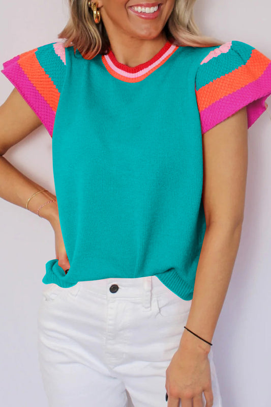Turquoise Knitted Contrast Sleeve Round Neck Tee Pre Order Sweaters & Cardigans JT's Designer Fashion