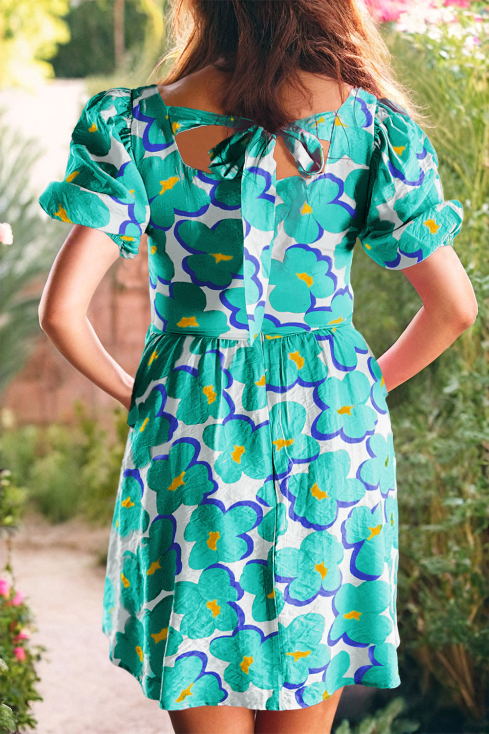 Green Floral Print Square Neck Empire Waist Flowy Dress Floral Dresses JT's Designer Fashion