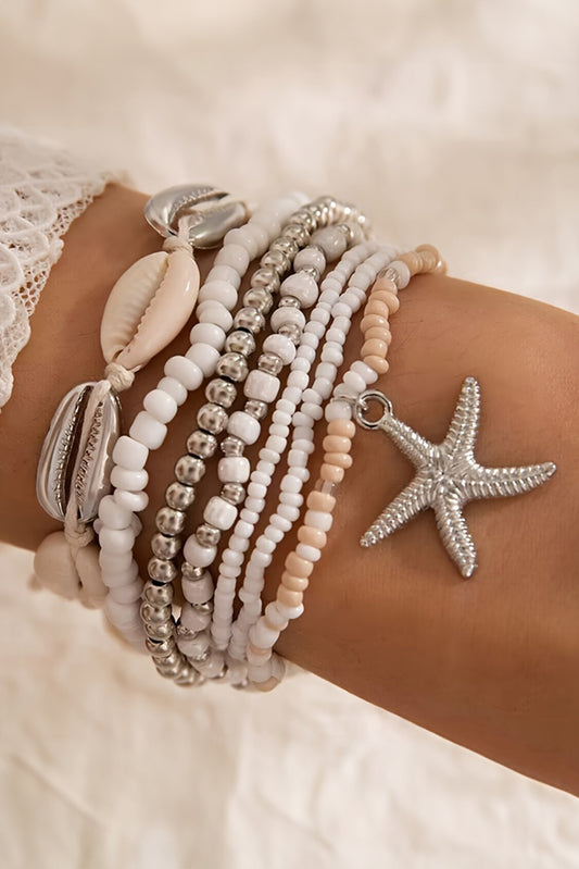 White 7pcs Starfish Seashell Beaded Bracelet Set Jewelry JT's Designer Fashion