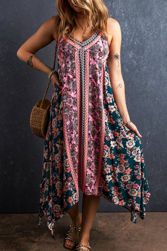 Pink Bohemian Floral Patchwork Print Long Sundress Floral Dresses JT's Designer Fashion