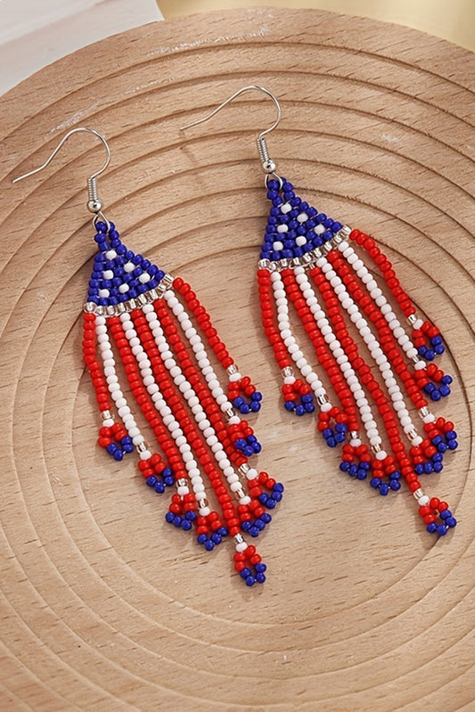 Fiery Red American Flag Beaded Fringed Hook Earrings Jewelry JT's Designer Fashion