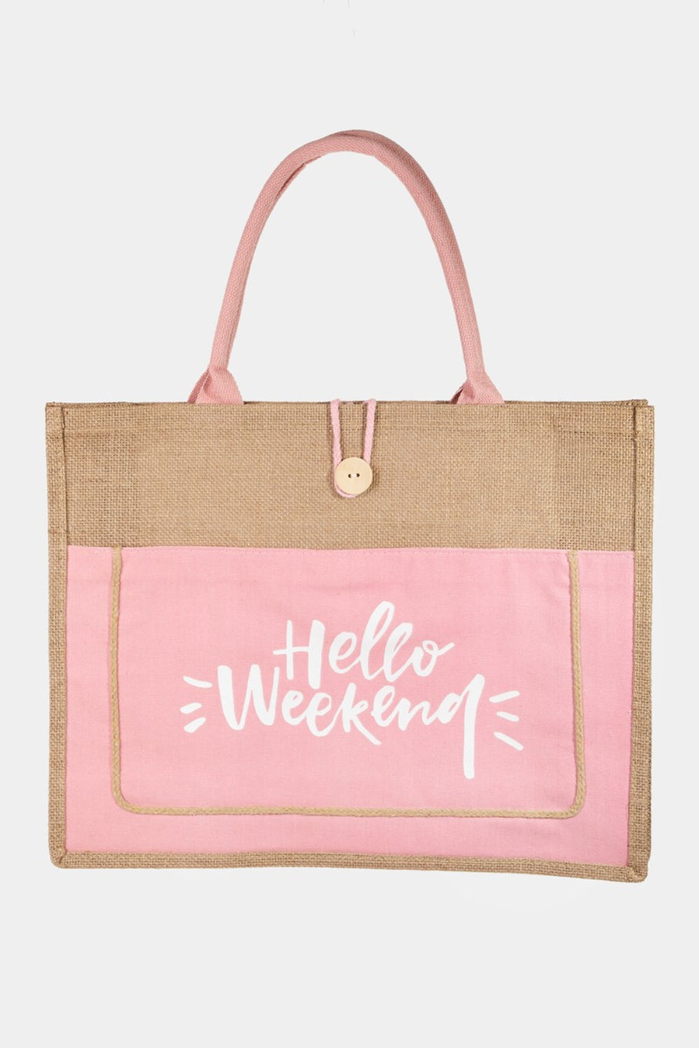Fame Hello Weekend Burlap Tote Bag Pink One Size Bags JT's Designer Fashion