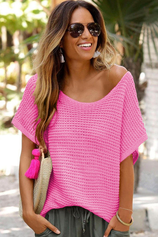 Pink Solid Loose Knit Short Dolman Sleeve Sweater Pre Order Sweaters & Cardigans JT's Designer Fashion