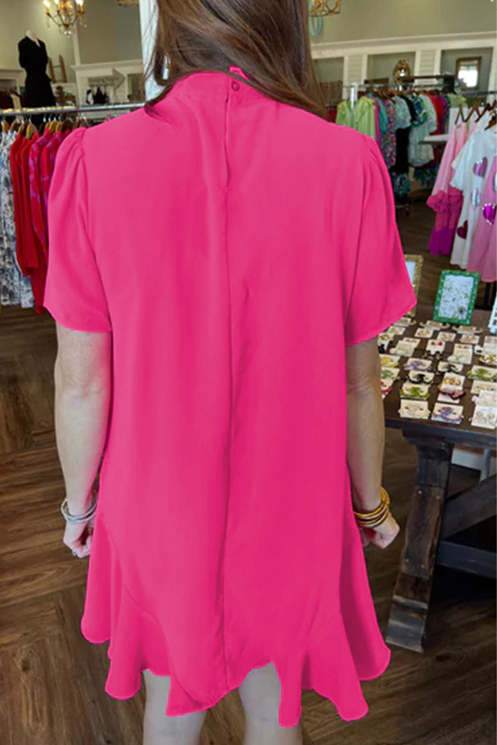 Bright Pink Solid Color Ribbon Tie Neck Ruffled Mini Dress Mini Dresses JT's Designer Fashion