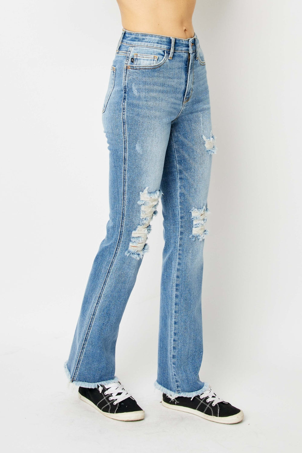 Judy Blue Full Size Distressed Raw Hem Bootcut Jeans Jeans JT's Designer Fashion