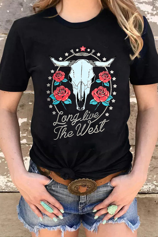 Black Long Live The West Floral Steer Head Graphic Tee Graphic Tees JT's Designer Fashion