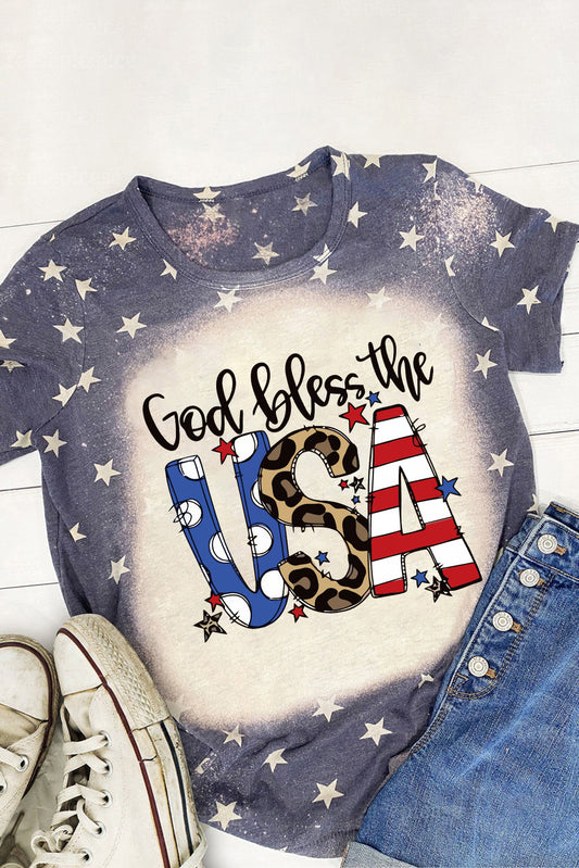 Blue God Bless the USA Bleached Stars T Shirt Graphic Tees JT's Designer Fashion