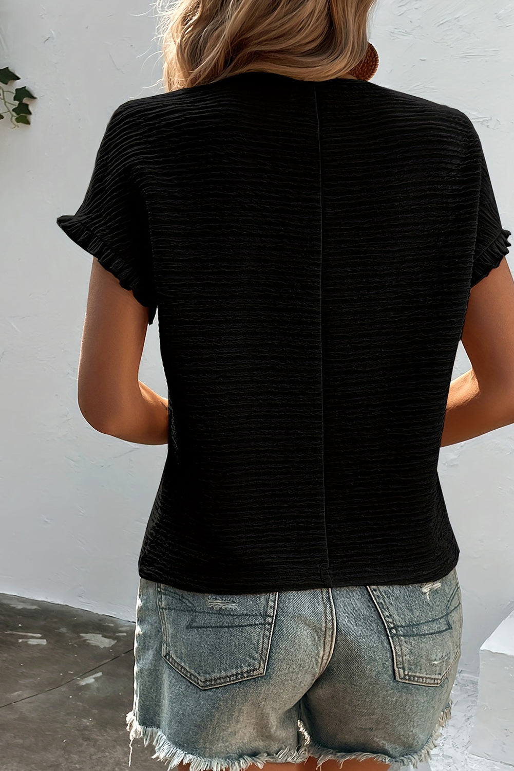 Black Solid Textured Ruffled Short Sleeve Blouse Pre Order Tops JT's Designer Fashion