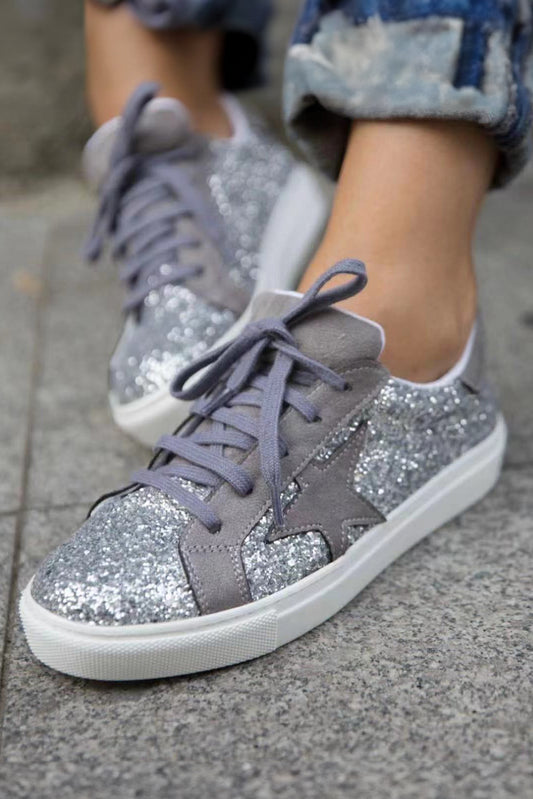 Gray Star Patch Sequin Lace up Shoes Women's Shoes JT's Designer Fashion