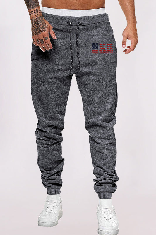 Gray USA Print Drawstring Waist Men's Sweatpants Gray 65%Polyester+35%Cotton Men's Pants JT's Designer Fashion