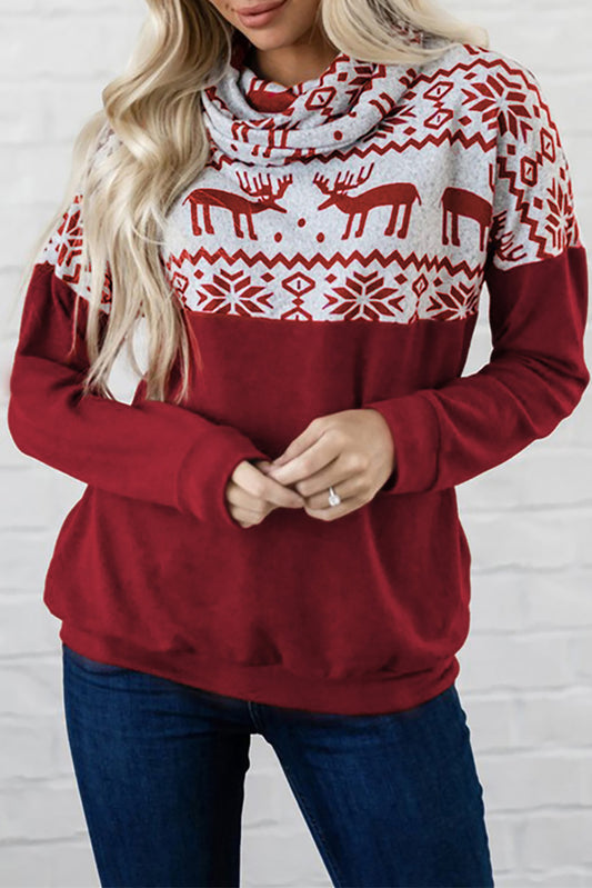 Burgundy Christmas Elk Print Cowl Neck Knit Top Sweatshirts & Hoodies JT's Designer Fashion