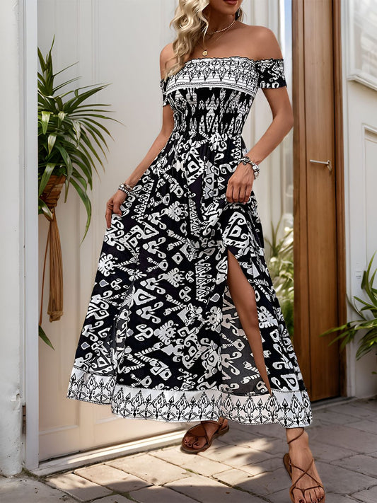 Slit Printed Off-Shoulder Dress Black Dresses JT's Designer Fashion