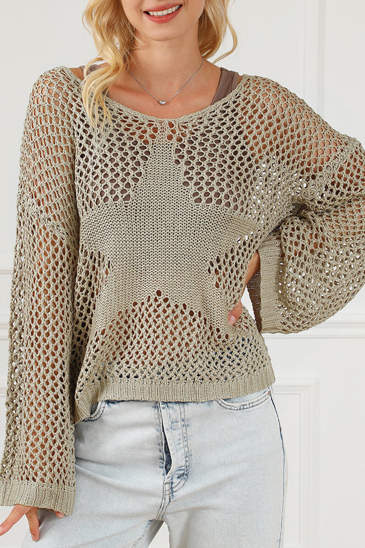 Light French Beige Star Pointelle Knit Baggy Sweater Sweaters & Cardigans JT's Designer Fashion