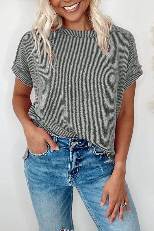 Medium Grey Textured Knit Exposed Stitching T-shirt Pre Order Tops JT's Designer Fashion