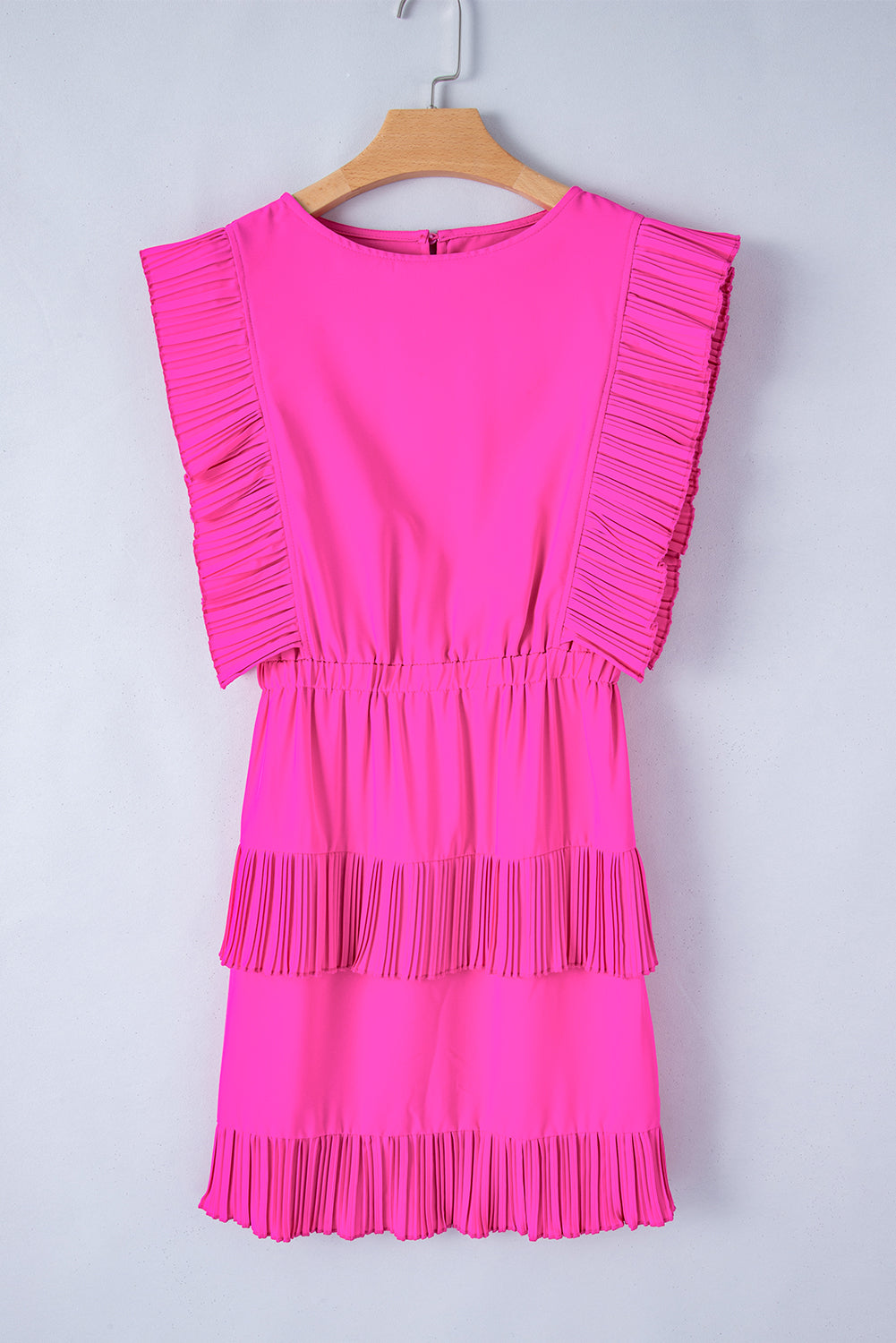 Bright Pink Solid Color Pleated Layered Flutter Mini Dress Mini Dresses JT's Designer Fashion
