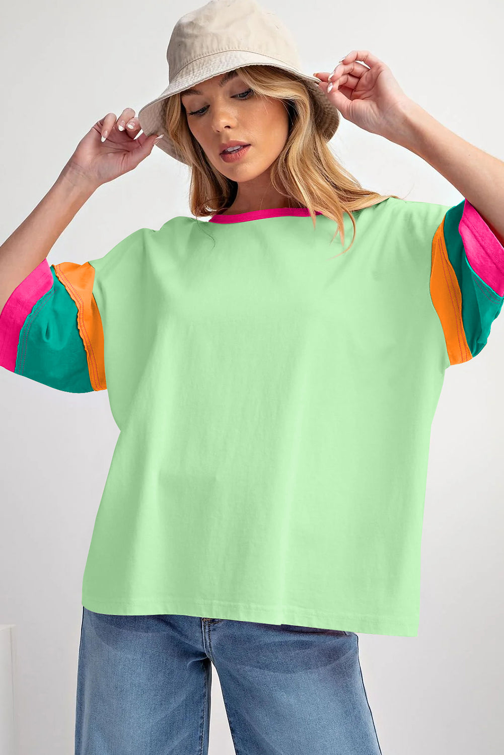 Green Color Block Stitching Sleeve Round Neck Oversize Top Pre Order Tops JT's Designer Fashion