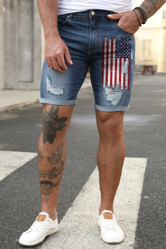 Blue American Flag Print Distressed Skinny Fit Men's Denim Shorts Blue 70%Cotton 29%Polyester 1%Elastane Men's Pants JT's Designer Fashion