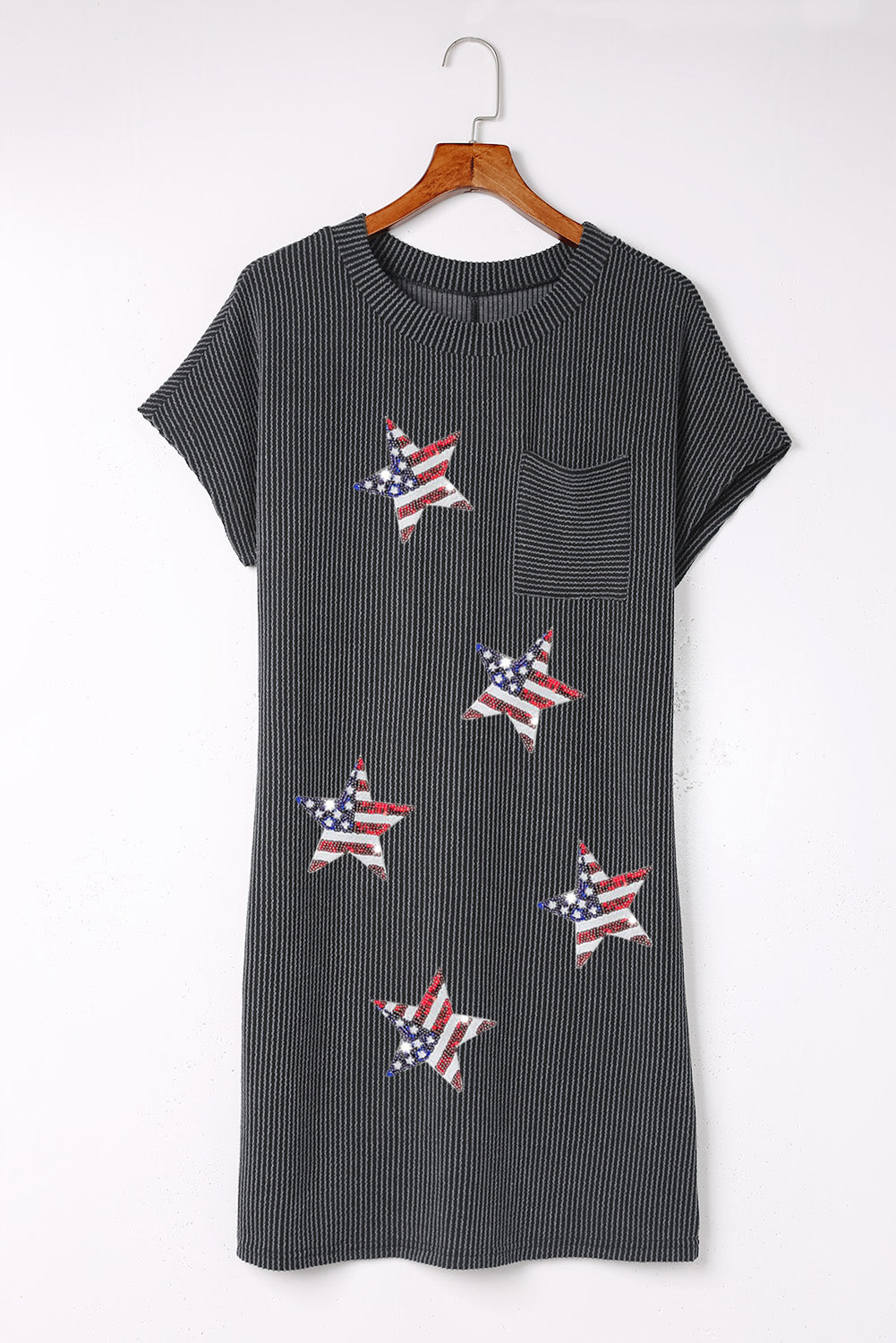 Gray Sequin Flag Stars Ribbed Shift T-shirt Dress Graphic Dresses JT's Designer Fashion