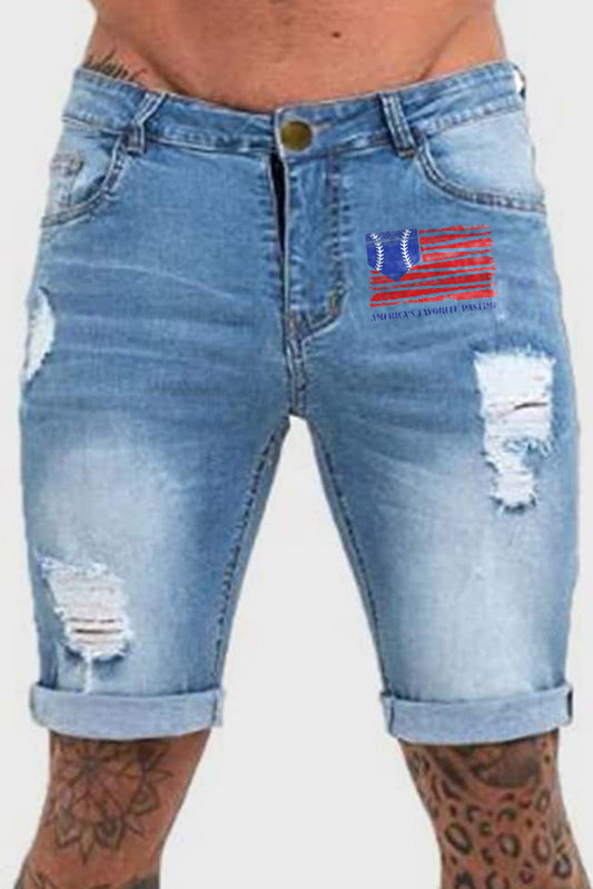 Sky Blue American Flag Print Rolled Hem Ripped Skinny Denim Shorts Sky Blue 70%Cotton 29%Polyester 1%Elastane Men's Pants JT's Designer Fashion