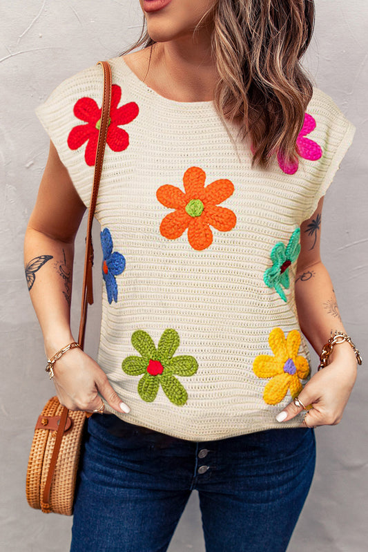 White Flower Crochet Round Neck Knitted Top Tops & Tees JT's Designer Fashion