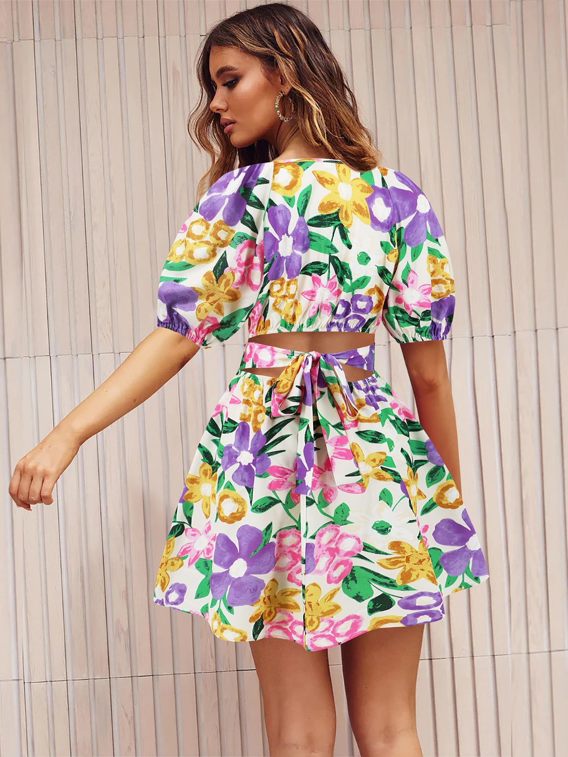 Printed Surplice Short Sleeve Dress Dresses JT's Designer Fashion